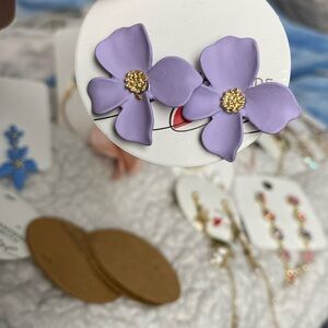 NWT Handmade Lavender Floral Earrings with Gold Accents